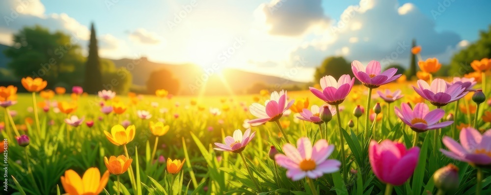Obraz premium Sun-drenched meadow ablaze with pink & yellow blooms, yellow, nature, country