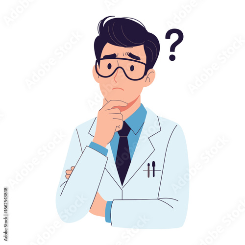 Scientist's Dilemma: A thoughtful scientist contemplates a complex question, furrowing his brow in a moment of intellectual exploration. He wears a crisp lab coat, glasses.