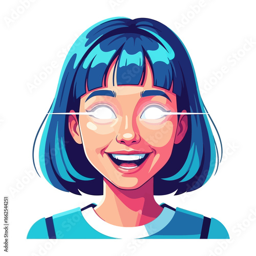 Enlightened Girl: An abstract illustration of a cheerful girl, radiates with a brilliant, internal glow that emanates from her expressive eyes, set against a simplistic backdrop.