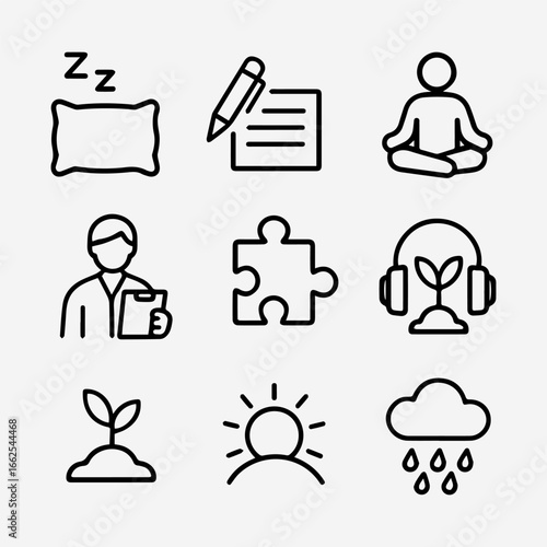 Mental Wellness Icons Sleep Journaling Meditation Therapy Puzzle Growth Sunshine Rain.