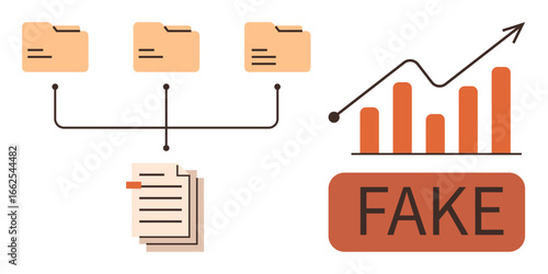 Linked directories to documents, graph showing fabricated growth marked as fake. Ideal for fraud detection, data manipulation, analytics errors, data integrity, false reporting, file systems, simple