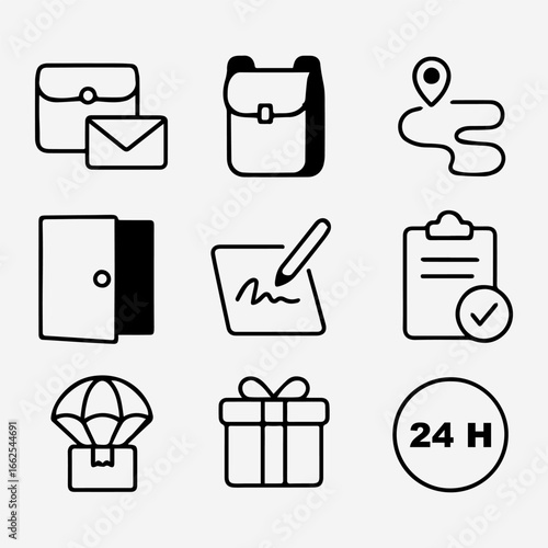 Nine Bold Black Delivery Icons Package Backpack Route Wallet Signature Checklist Parachute Gift TwentyFourHours.