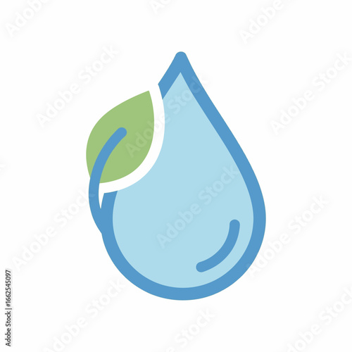 Flat vector water drop eco icon in pastel blue tones, minimal 2D design symbolizing purity, sustainability, clean water, and environmental care