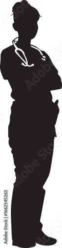 A black silhouette of a nurse standing with her arms crossed.