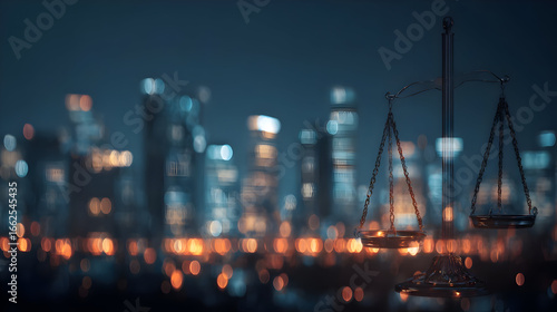 Scales of Justice Against City Lights at Night