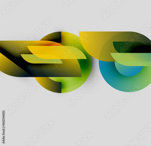 Abstract design features overlapping colorful ribbons. Gradient shades create dynamic visual effect. Modern, flowing shapes suggest connection, movement.