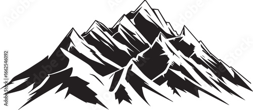 A mountain range with snow-capped peaks against a white background.