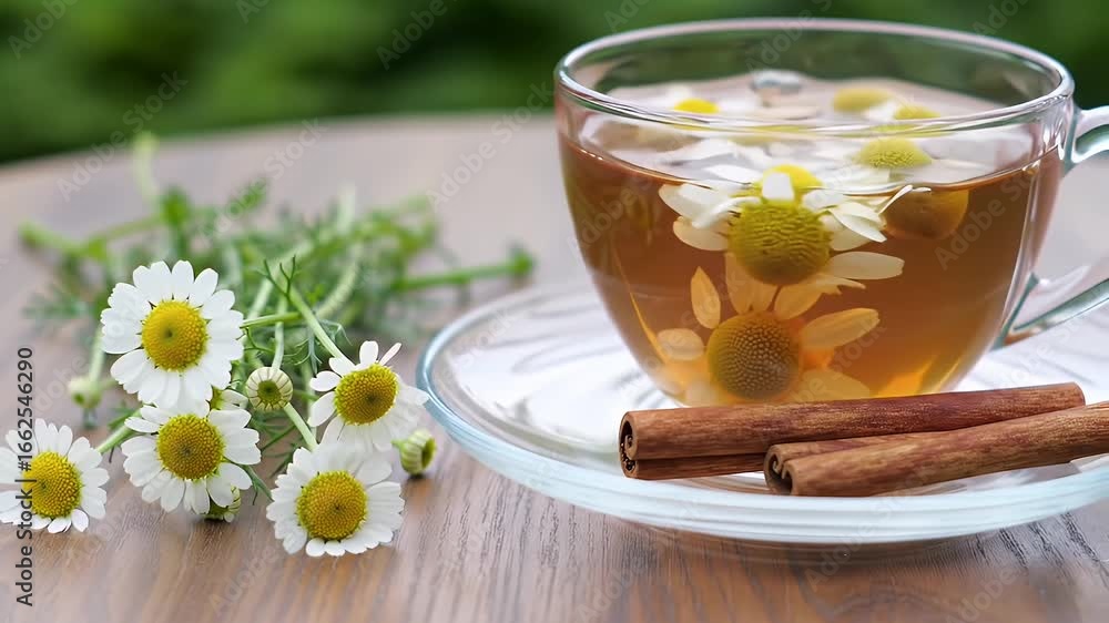 Golden Chamomile Tea with Cinnamon Sticks on Wooden Table in Natural Light Golden Chamomile Tea with Cinnamon Sticks on Wooden Table in Natural Light