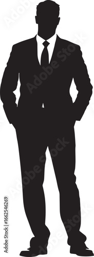 A black and white silhouette of a man in a suit standing with his hands in his pockets.