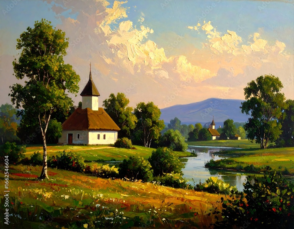 Fototapeta premium Serene landscape painting depicting a tranquil river scene with quaint buildings and lush greenery under a soft, partly cloudy sky