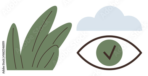 Grass blades, eye with a checkmark, and cloud represent harmony, vision, clarity, and eco-consciousness. Ideal for environment, vision, eco-awareness mindfulness validation nature advocacy simple