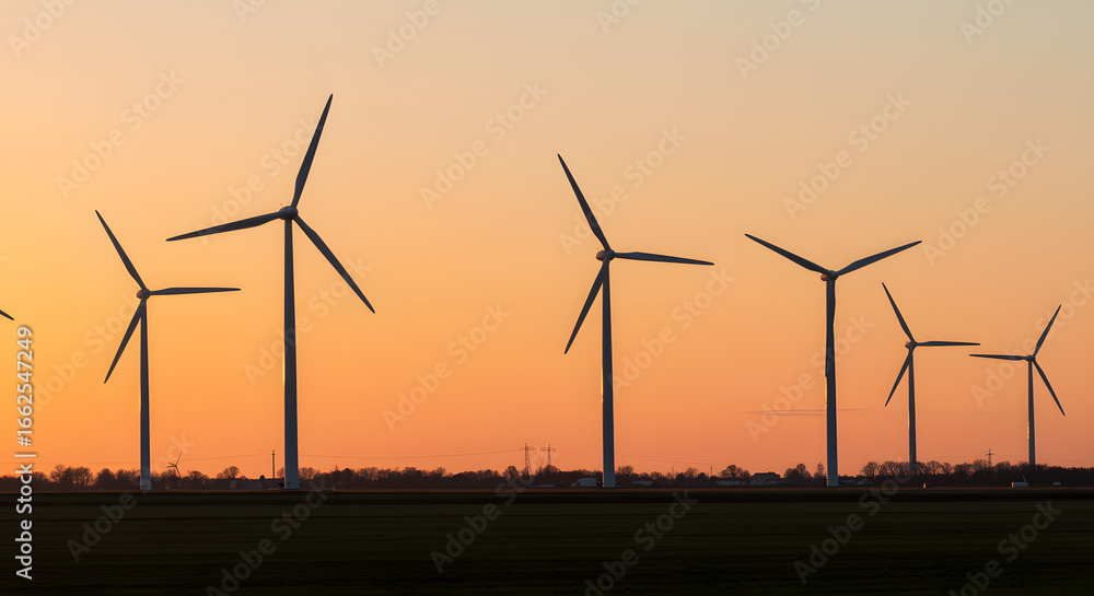 Fototapeta premium Wind Turbines Silhouetted Against Colorful Sunset Sky Over Open Field