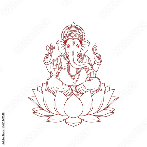 Elegant red line art illustration of Lord Ganesha seated on a lotus flower, a revered Hindu deity symbolizing wisdom and prosperity