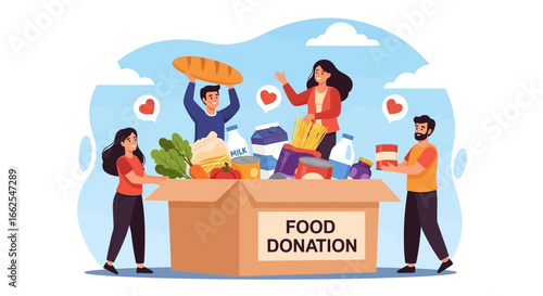 Group of happy people collecting food for a charitable cause. Humanitarian aid and social assistance vector concept