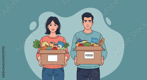 Couple holding grocery boxes symbolizing food donation and community support for those in need