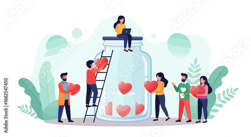Community of people contributing love hearts to a donation jar, a symbolic vector graphic for charity, volunteering, and support