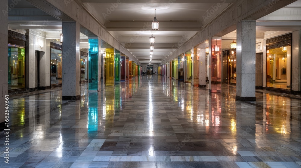 Fototapeta premium Long hallway with colorful store reflections