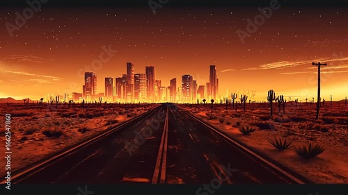 Wallpaper Mural Sunset view of a deserted highway leading to a glowing city skyline, with cacti in the foreground Torontodigital.ca