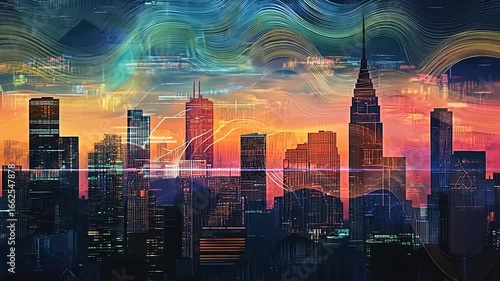 Wallpaper Mural Vibrant city skyline at sunset with abstract waves and colorful lights illuminating the buildings Torontodigital.ca