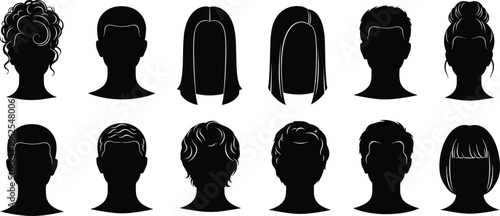 Silhouettes of diverse hairstyles for men and women, showcasing hair length, texture, and style for fashion, design, and character creation
