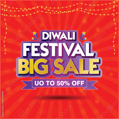 Happy Diwali. Vibrant red background vector illustration of Diwali Festival Big Sale promotional poster with lights and creative typography for holiday discounts.
