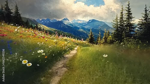 Wallpaper Mural Scenic mountain landscape with vibrant wildflowers lining a winding path under a dramatic sky Torontodigital.ca