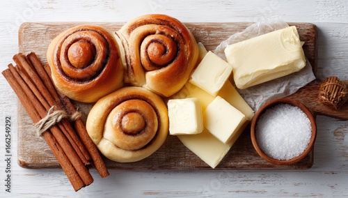 Cinnamon rolls, butter, cinnamon sticks, and salt on a wooden board