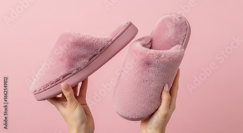 Soft Pink Furry Slippers Held Up Against a Matching Pink Background for Cozy Comfort