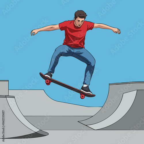 Skateboarder performing trick in skate park with blue sky background and casual urban style clothing vector illustration 
