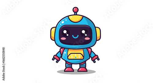 Cute cartoon robot character with cheerful expression, standing pose, vibrant colors.