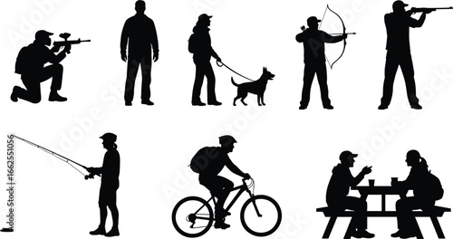 Silhouettes of people doing outdoor activities like paintball, archery, fishing, cycling, walking dog, picnic, rifle aiming, and standing