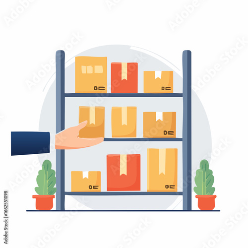 Hand Placing Box On Multilevel Storage Shelf