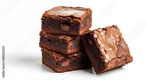 Stacked Brownies with Chocolate Chunks and Powdered Sugar on White Background
