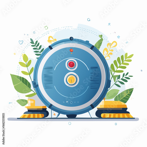 Round Robot Vacuum Cleaner Illustration With Floral Background