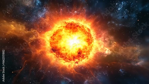 Explosive Solar Activity A Vibrant Star Erupts in Space, Surrounded by Cosmic Nebulae and Stars