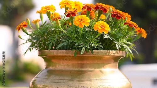 Wallpaper Mural Marigolds in Brass Pot with Outdoors. Torontodigital.ca