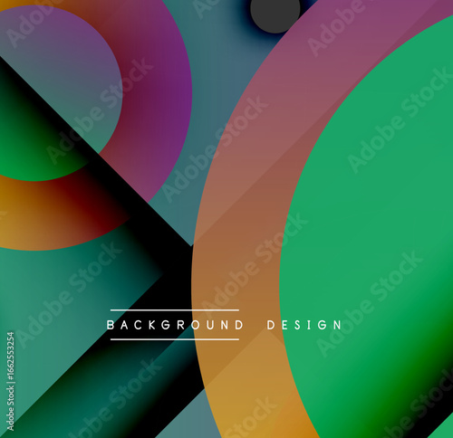 Abstract colorful shapes overlap, creating dynamic visual effect. Gradient hues blend smoothly, forming modern background design.