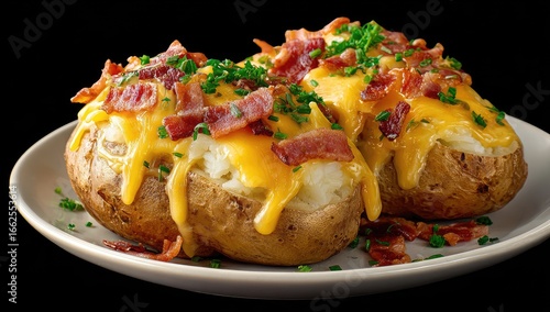 Two baked potatoes topped with melted cheese, crispy bacon, and chives on a white plate