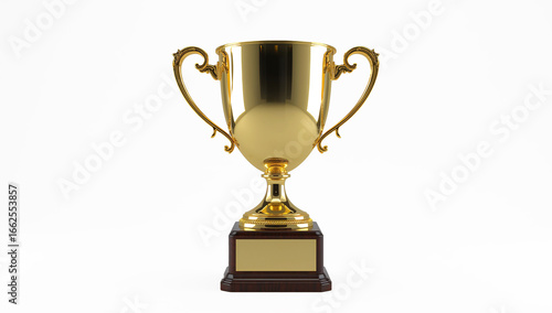 Ornate golden trophy cup with blank plaque and wooden base on a white background