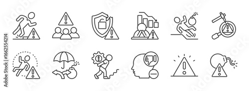 Risk Management web icon set in line style. Risk analysis, risk investment, minimizing losses, plan, low cost, collection. Vector illustration.
