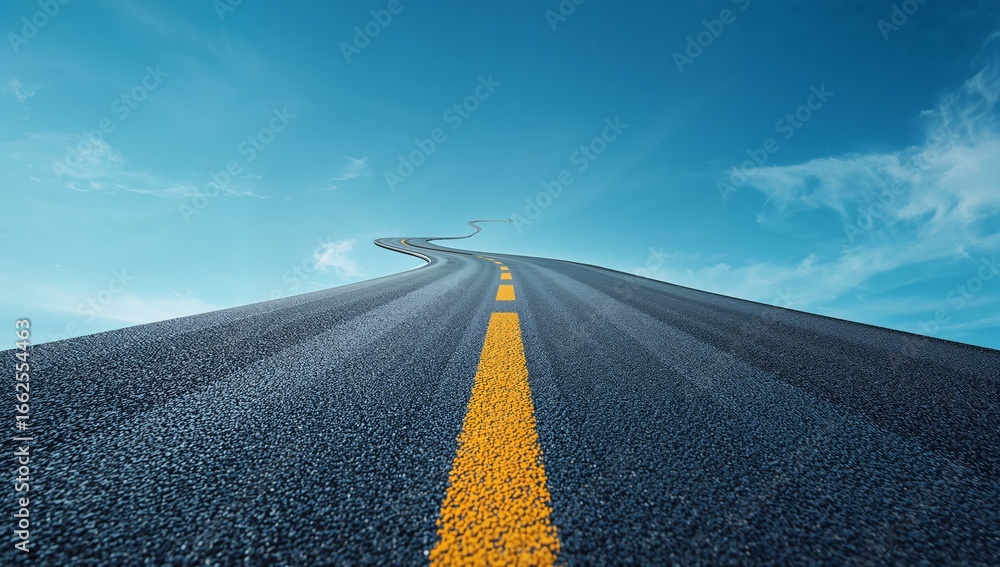 Fototapeta premium Winding asphalt road with yellow dashed line ascending into blue sky
