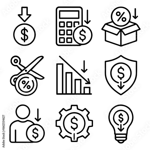 Financial Decline and Reduction Illustrated Through Various Symbolic Icons.
