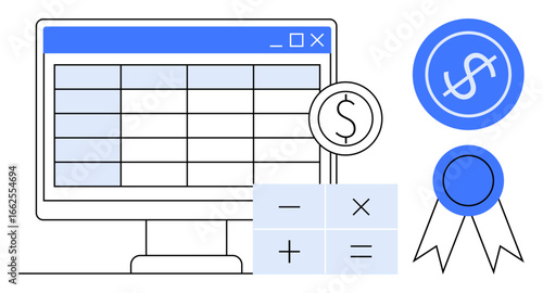 Spreadsheet interface on computer monitor, coin sign, financial symbols, and certification badge. Ideal for account management, data organization, financial analysis, e-learning, tax calculation