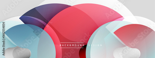 Abstract shapes overlap, creating dynamic composition. Red, blue, white hues dominate design. Smooth gradients suggest movement, depth.