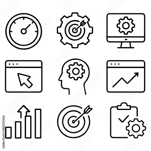 Nine Linear Icons Depicting Business Process Optimization and Goal Achievement.