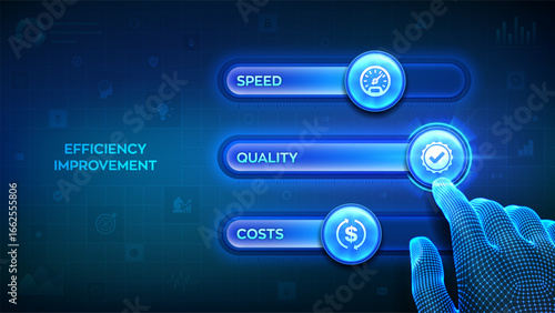 Efficiency Improvement concept with sliders and settings. Business optimization, performance tuning, productivity management, smart technology. Hand adjusting efficiency level. Vector illustration.