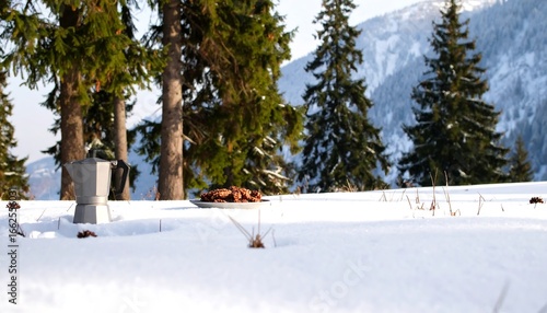 Wallpaper Mural Coffee maker and food in snowy landscape Torontodigital.ca