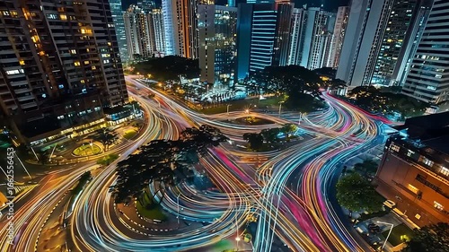 Wallpaper Mural Nighttime cityscape with vibrant light trails from busy traffic and illuminated skyscrapers Torontodigital.ca