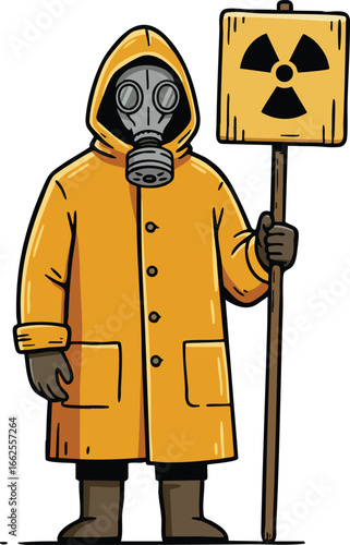 Person wearing yellow hazmat suit holding radiation warning sign vector illustration design 