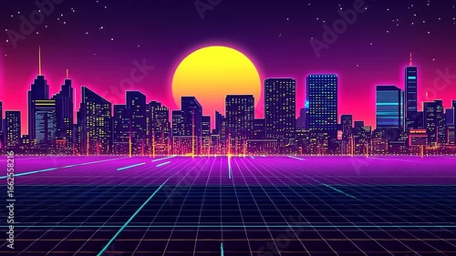 Wallpaper Mural Vibrant retro-futuristic city skyline at sunset with neon colors and grid foreground, ideal for design Torontodigital.ca